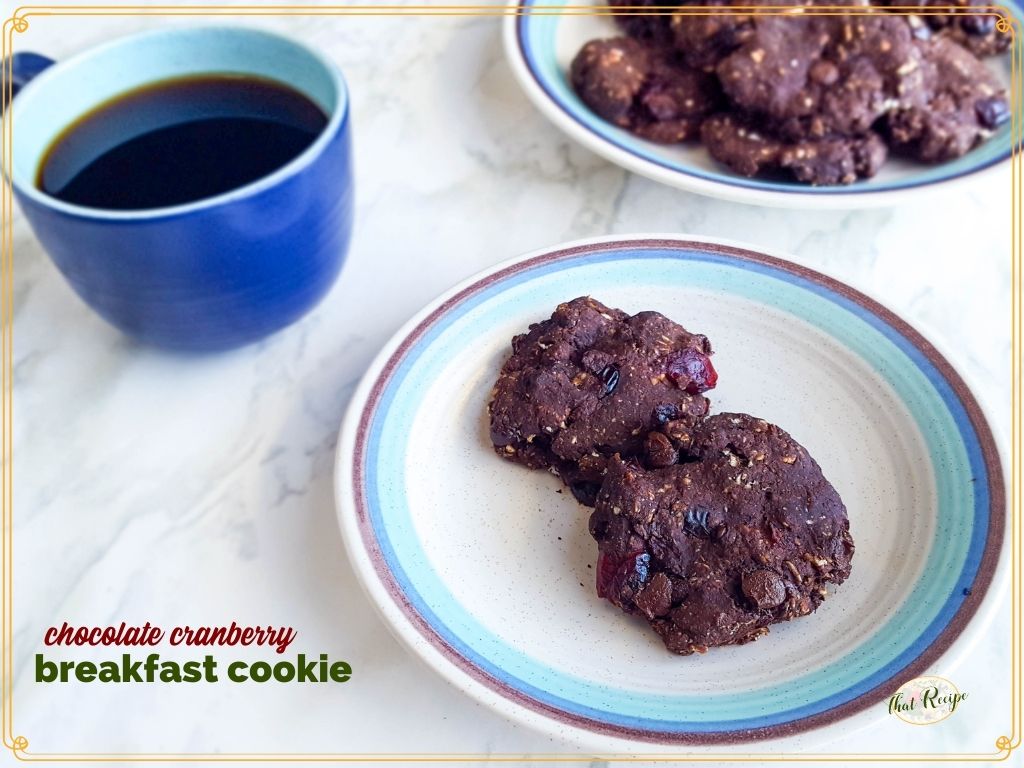 two chocolate cookies on a plate with a cup of coffee next to it and text overlay "Chocolate cranberry breakfast cookies"