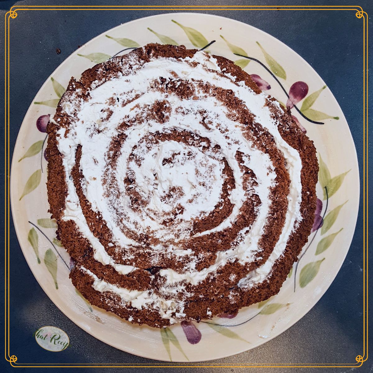 top down view of chocolate pinwheel cake without topping