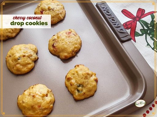 cookies on a baking pan with text overlay "cherry coconut drop cookies"
