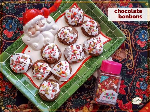 cookies on a Santa plate with text overlay "very versatile chocolate bonbons"