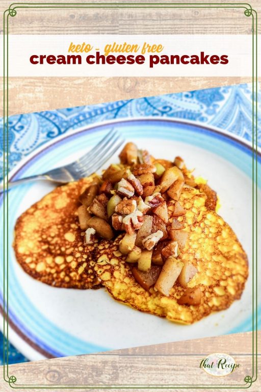 pancakes on a plate topped with pears and nuts with text overlay "keto gluten free Cream Cheese Pancakes"