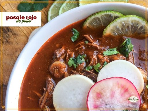 top down view of red soup topped ith radishes and limes and text overlay "posole rojo de pollo"