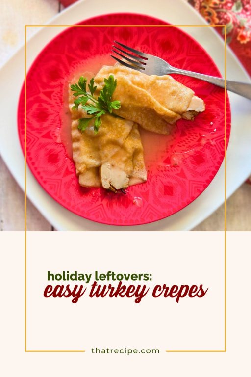 turkey crepes covered in turkey gravy on a plate