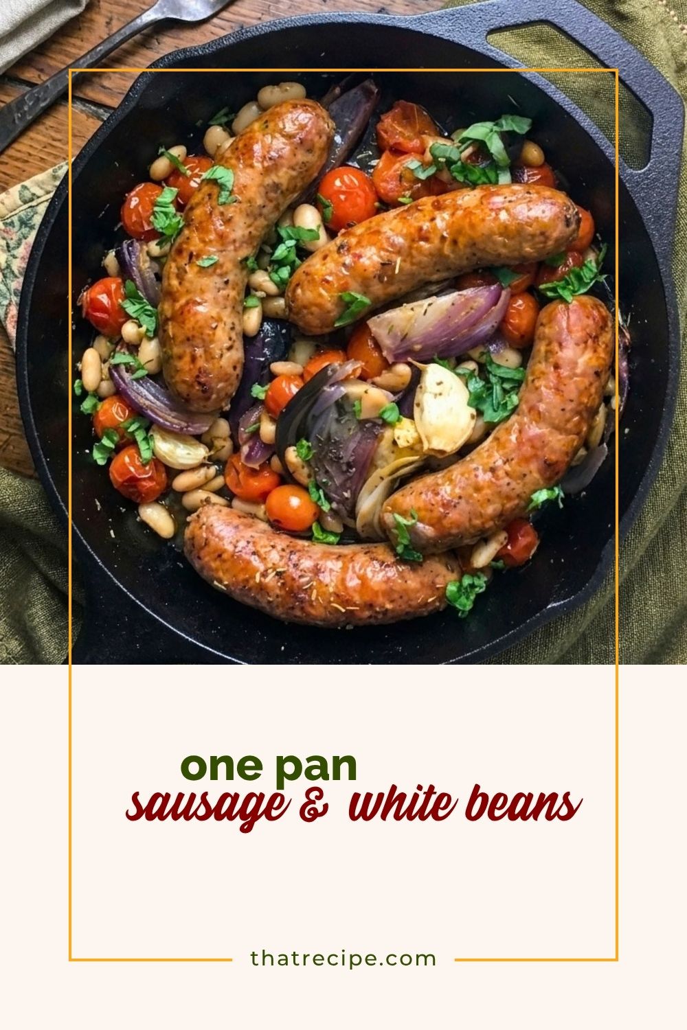 top down view of italian sausages and beans in a cast iron skillet