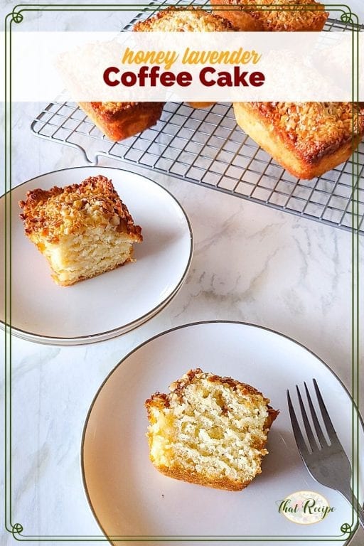 mini coffee cakes on plates and a cooling rack with text overlay "honey lavender coffee cakes"