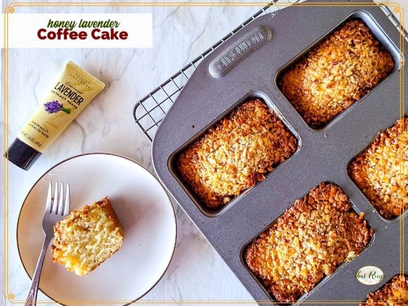 mini coffee cakes on a plate and in a mini loaf pan with text overlay "honey lavender coffee cakes"