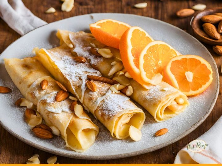 almond orange crepes on a plate