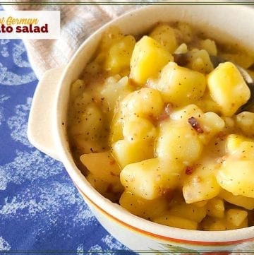 potatoes with bacon in a dish with text overlay "Hot German Potato Salad"
