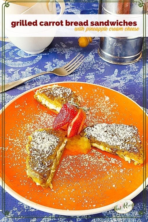 dessert sandwiches on a plate with text overlay "carrot bread sandwiches with pineapple cream cheese"