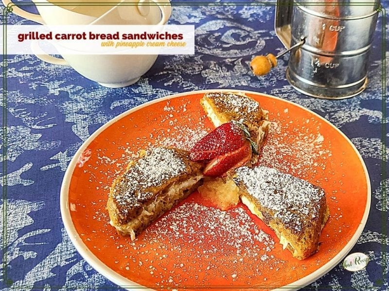 dessert sandwiches on a plate with text overlay "carrot bread sandwiches with pineapple cream cheese"