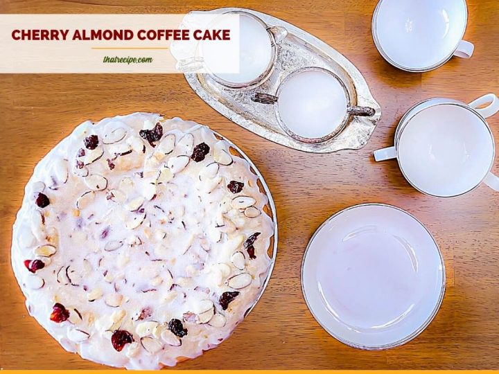 cherry almond coffee cake on a table