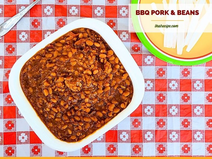 dish of baked beans with text overlay "BBQ Pork and Beans in a pressure cooker"