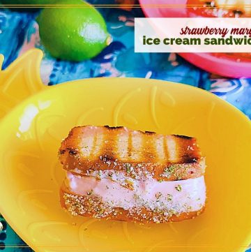 ice cream sandwich in a bowl with text overlay "strawberry margarita ice cream sandwiches"