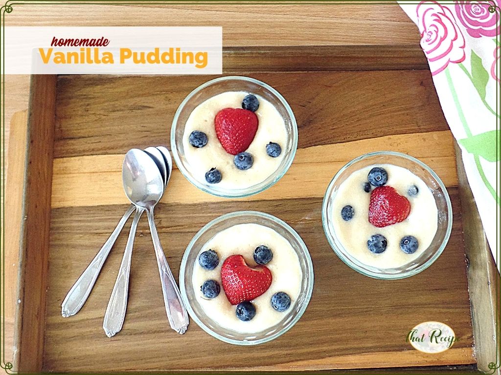 vanilla pudding with fruit in individual cups and text overlay "homemade vanilla pudding"