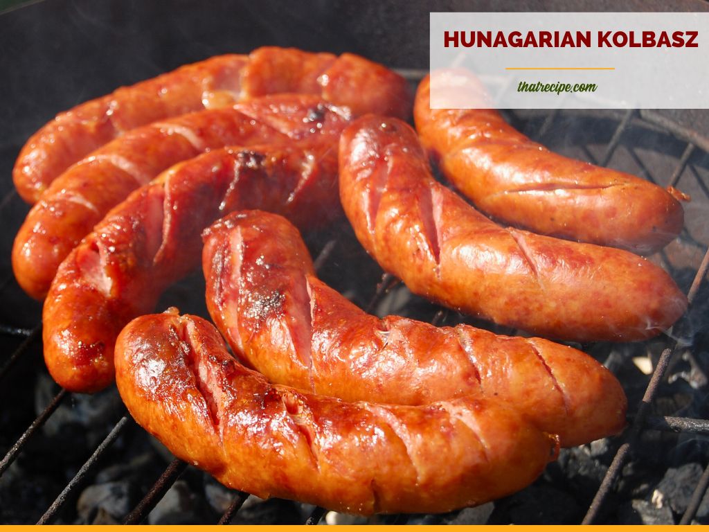 sausages on a grill with text overlay Hungarian Kolbasz