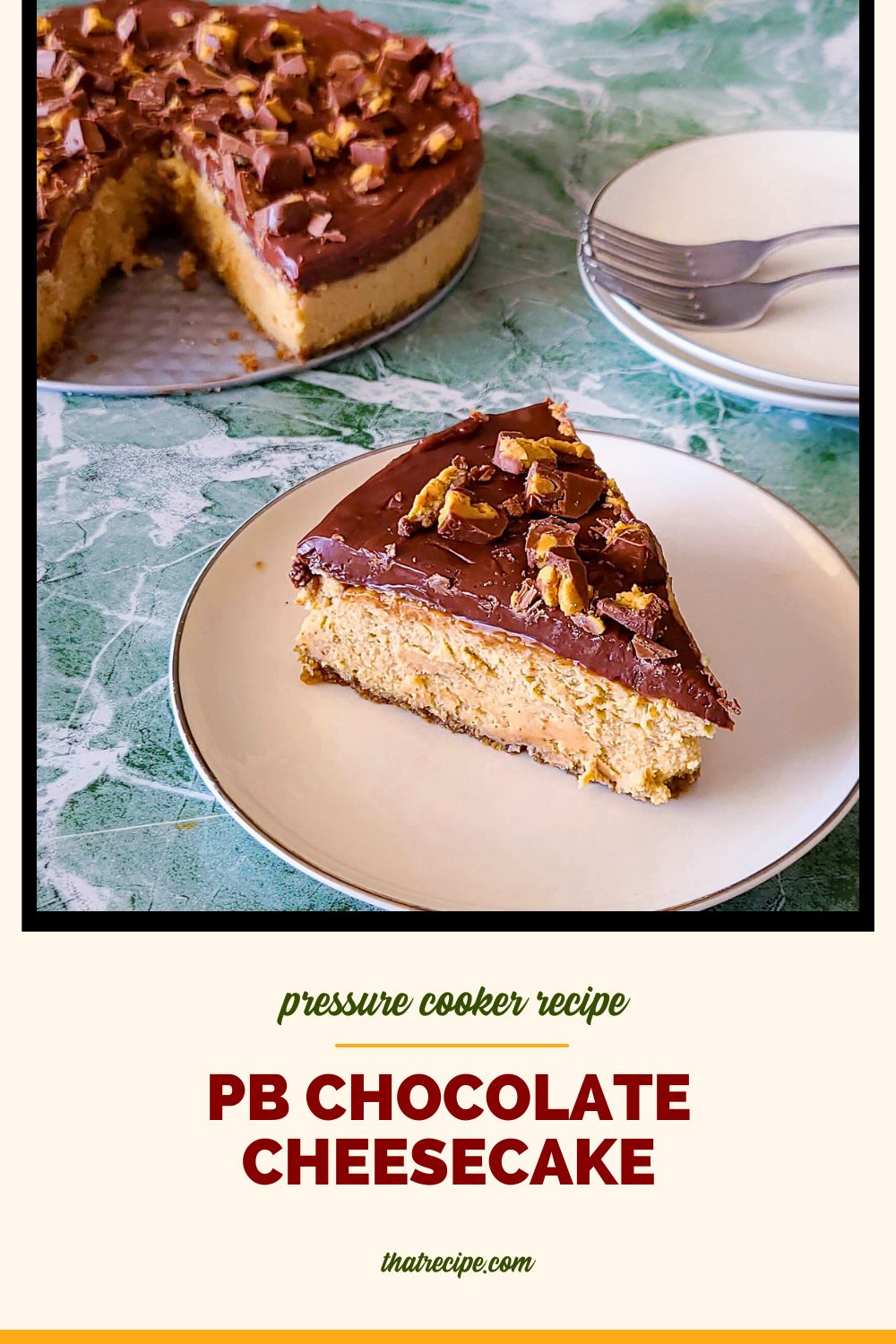 cheesecake slice on a plate with text overlay "chocolate peanut butter cheesecake"