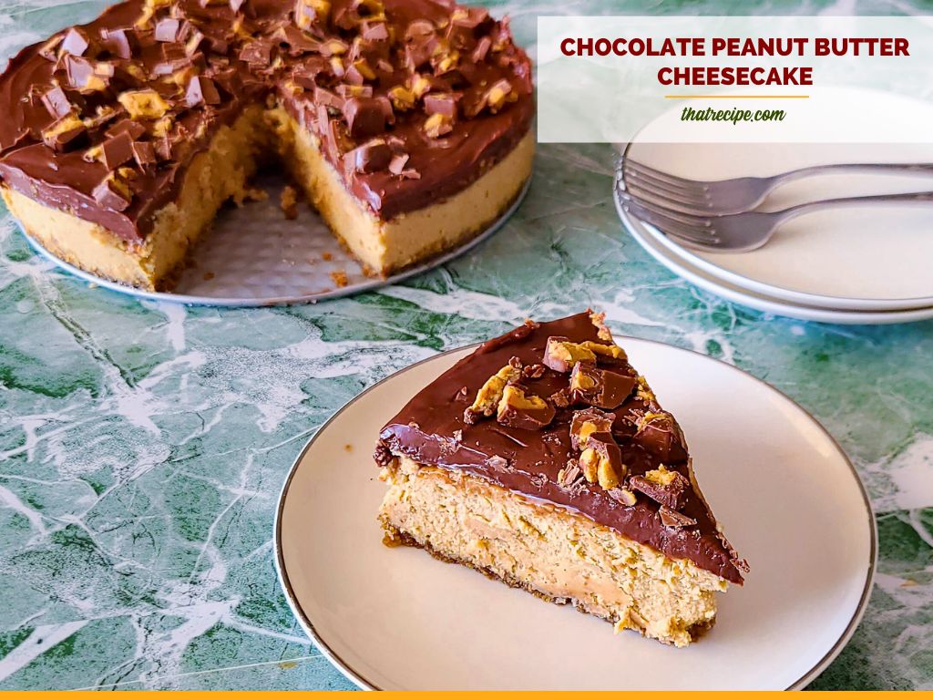 cheesecake slice on a plate with text overlay "chocolate peanut butter cheesecake"