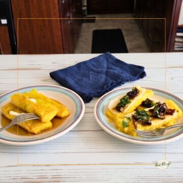 two plates of fried polenta, one sweet and one savory