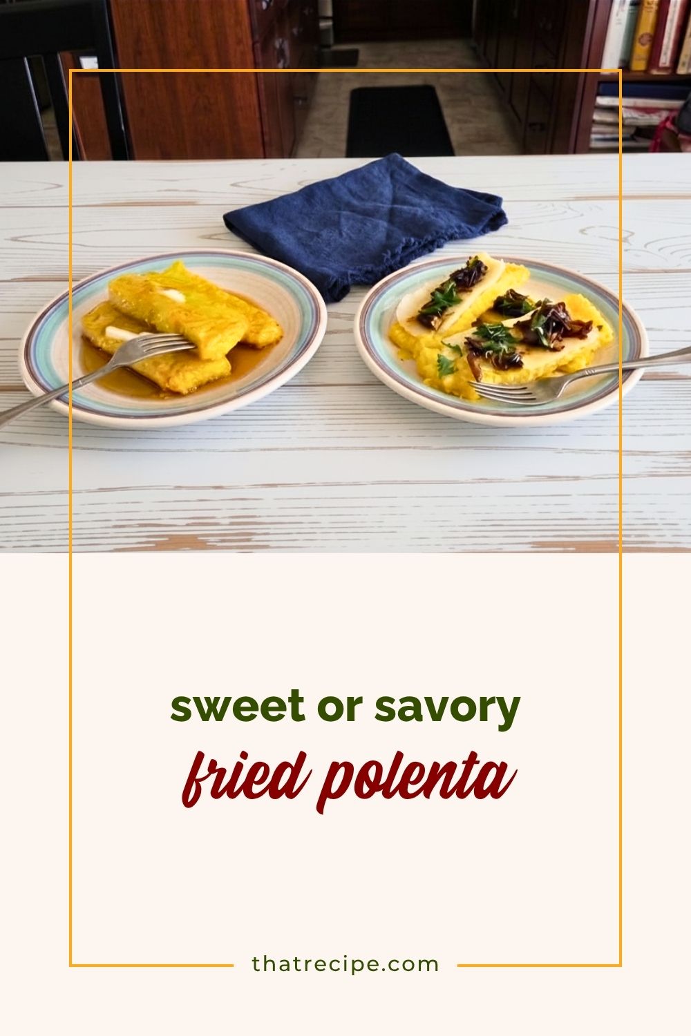 two plates of fried polenta, one sweet and one savory