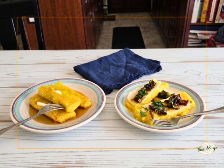 two plates of fried polenta, one sweet and one savory