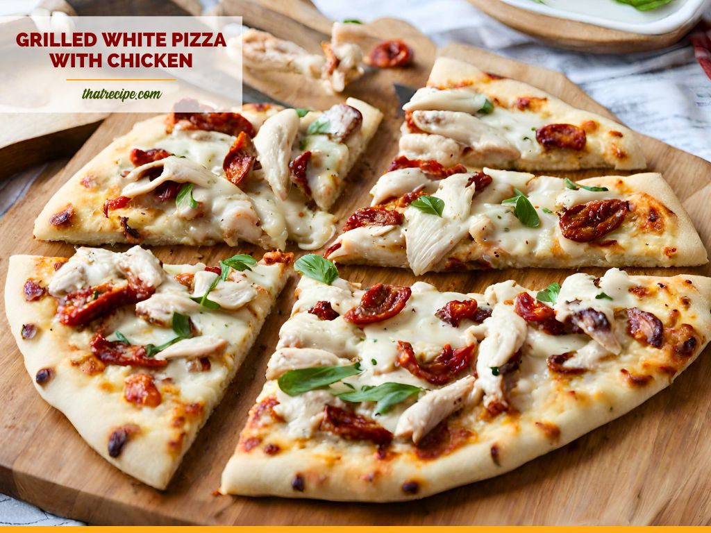 white pizza with chicken sun dried tomatoes and basil