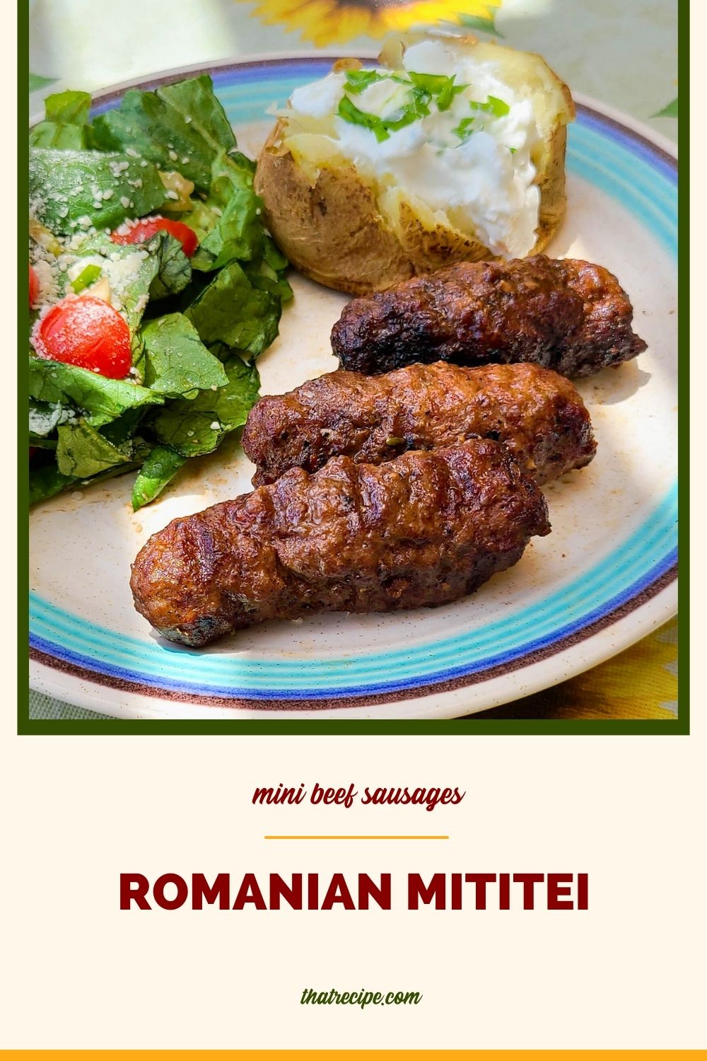 grilled beef sausages on a plate with text Romanian Mititei