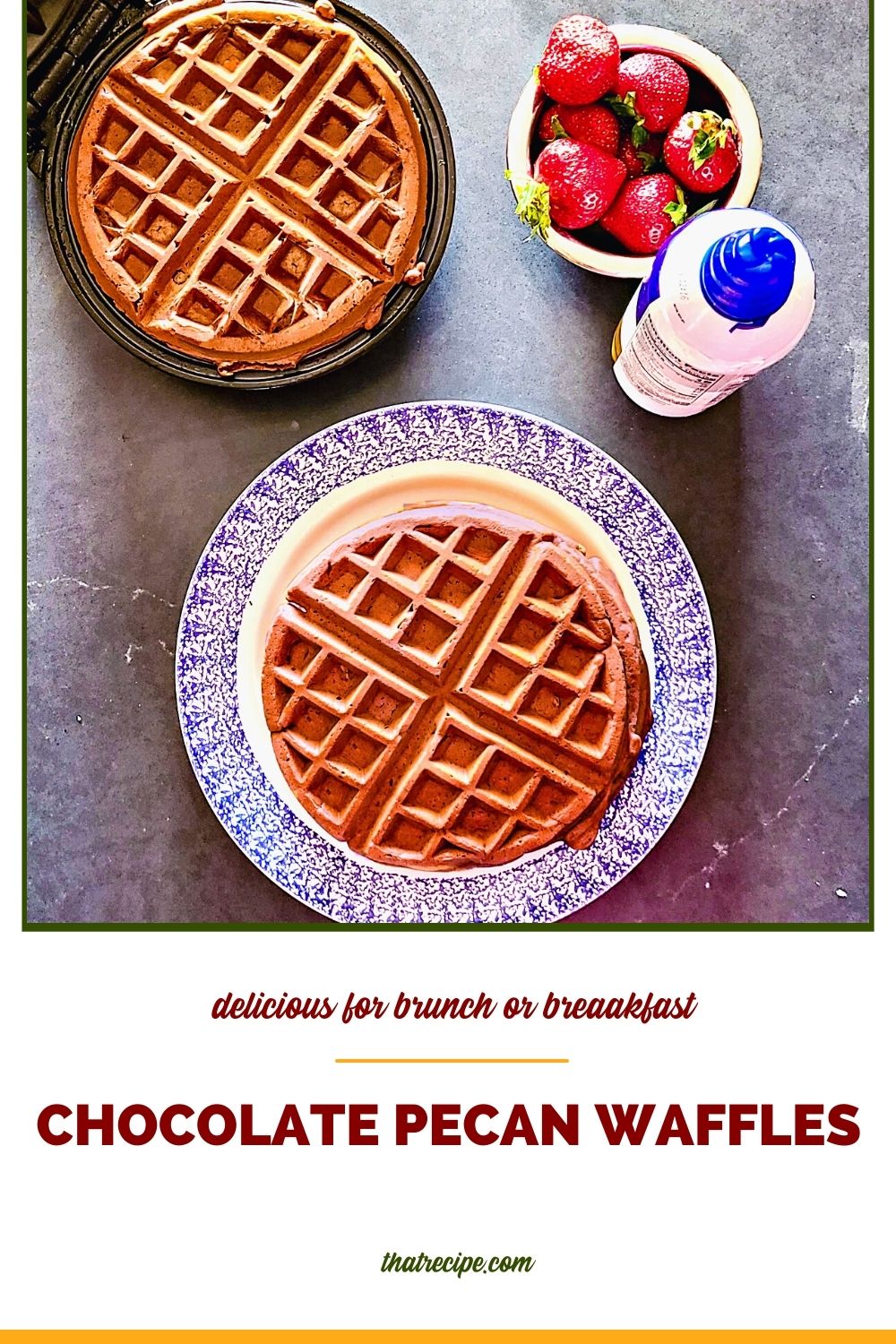 waffles on a plate and on a waffle iron with strawberries and whipped cream and text overlay "chocolate pecan waffles"