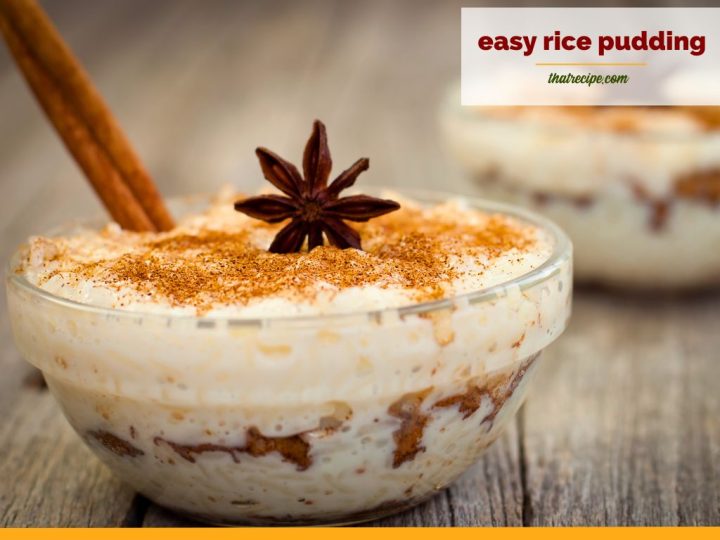rice pudding in a bowl topped with nuts with text overlay "rice pudding with cooked rice"