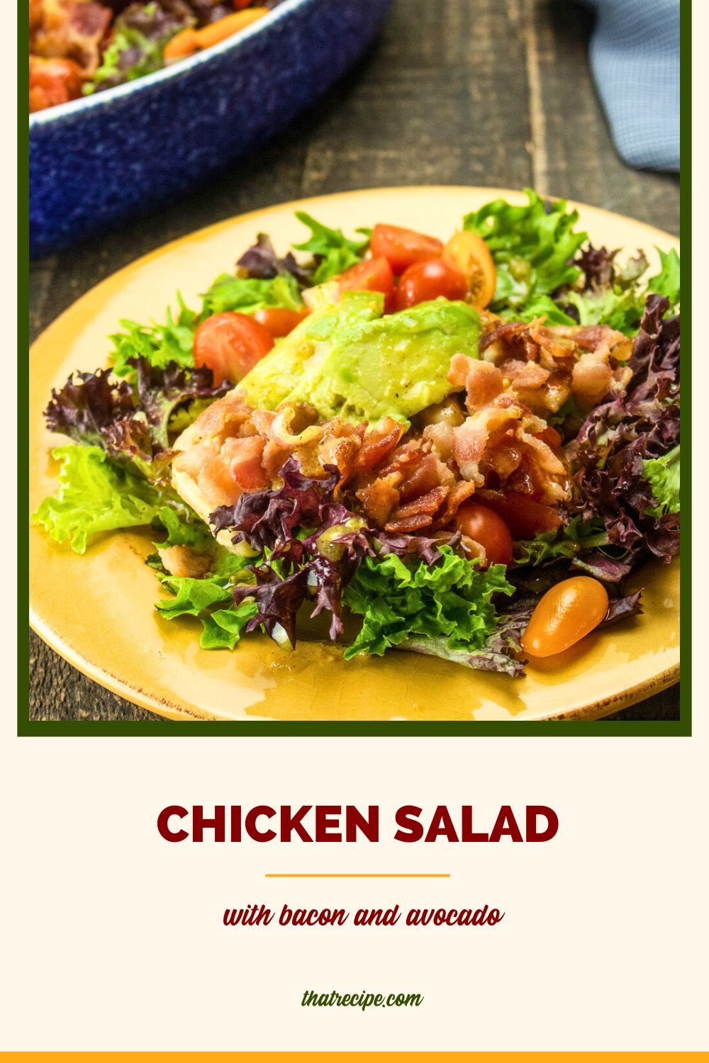 salad on a plate with text overlay "chicken, bacon and avocado salad"