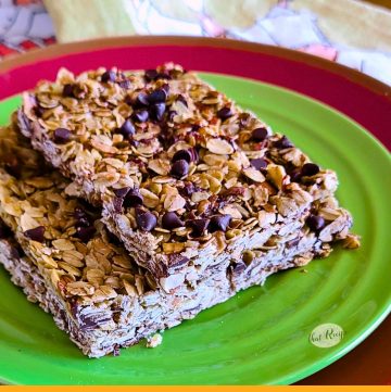 granola bars on a plate with text overlay "chocolate chip coconut chewy granola bars".
