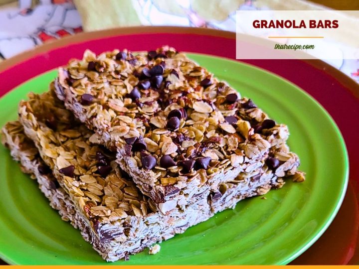 granola bars on a plate with text overlay "chocolate chip coconut chewy granola bars".