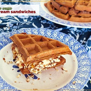 waffle ice cream sandwich on a plate with text overlay "turtle waffle ice cream sandwiches"