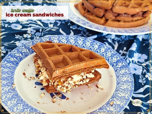 waffle ice cream sandwich on a plate with text overlay "turtle waffle ice cream sandwiches"