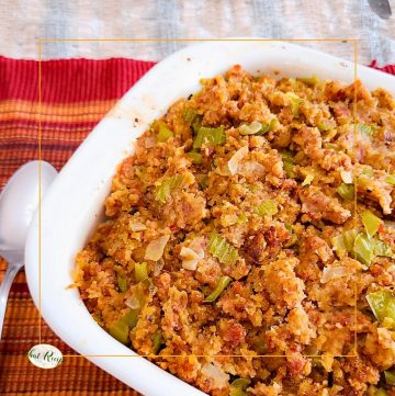 top down view of stuffing in a casserole dish