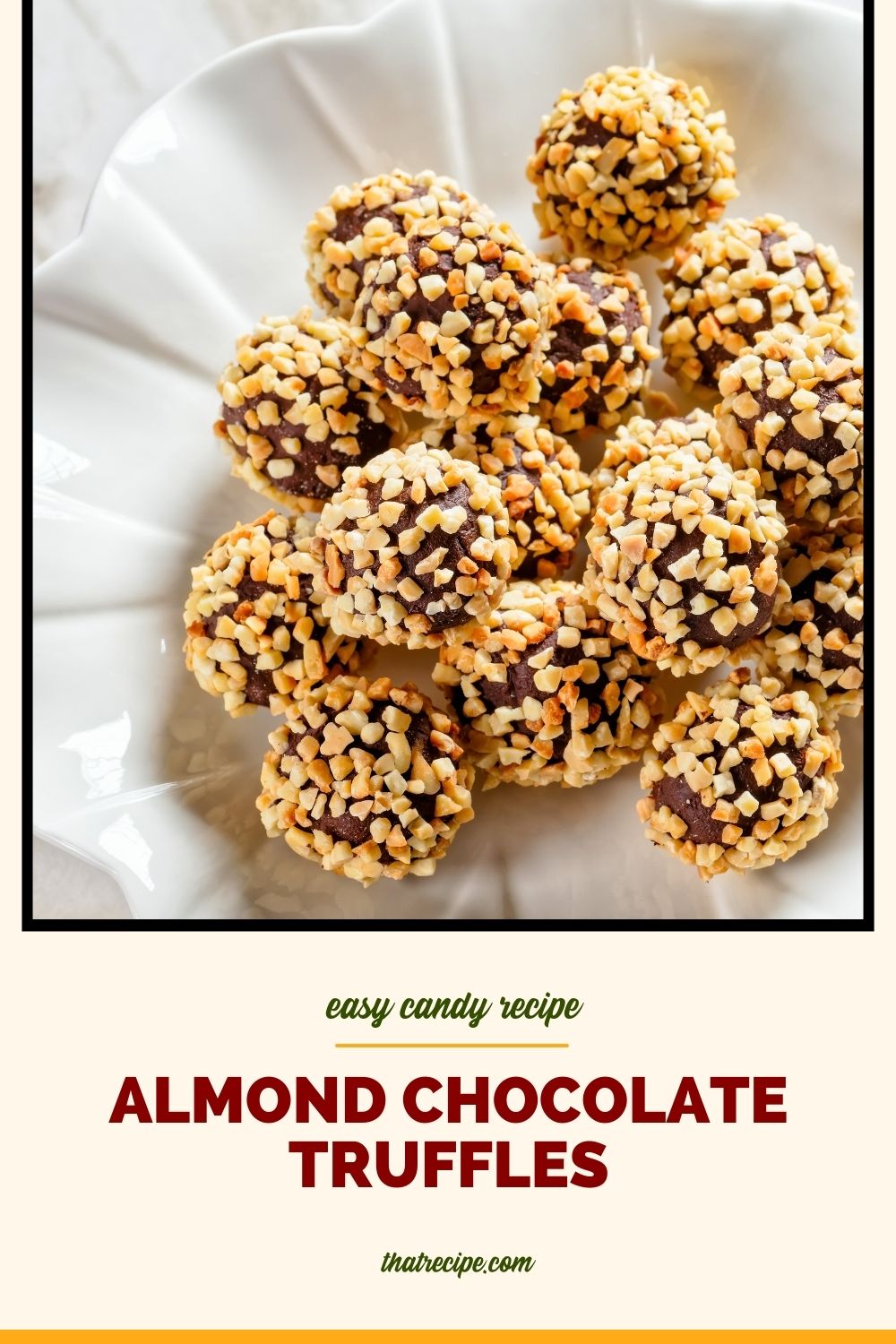 chocolate truffles in a bowlwith text overlay "easy chocolate almond truffles"