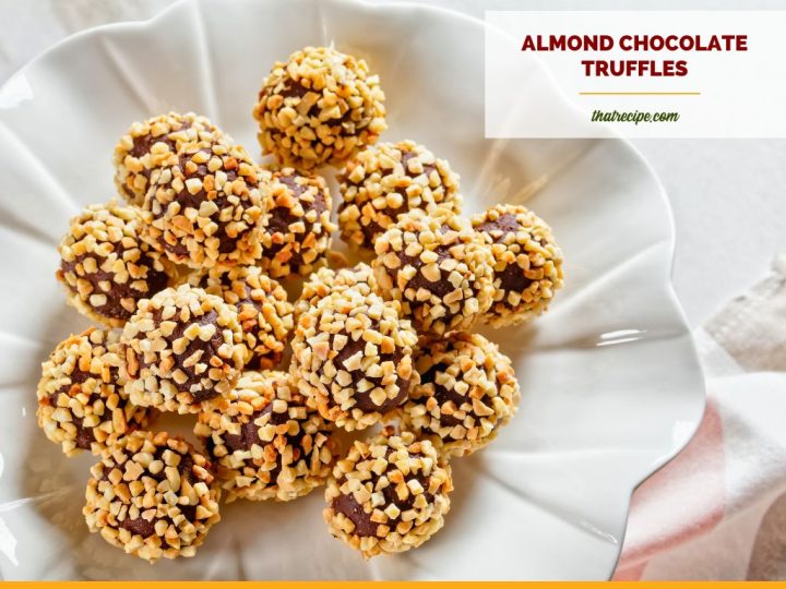 chocolate truffles in a bowlwith text overlay "easy chocolate almond truffles"