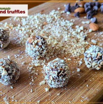 chocolate truffles on a cutting board with text overlay "easy chocolate almond truffles"