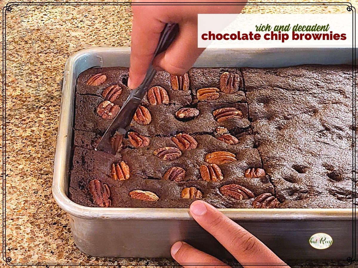 hand cutting pan of brownies with text overlay "rich and decadent chocolate chip brownies"