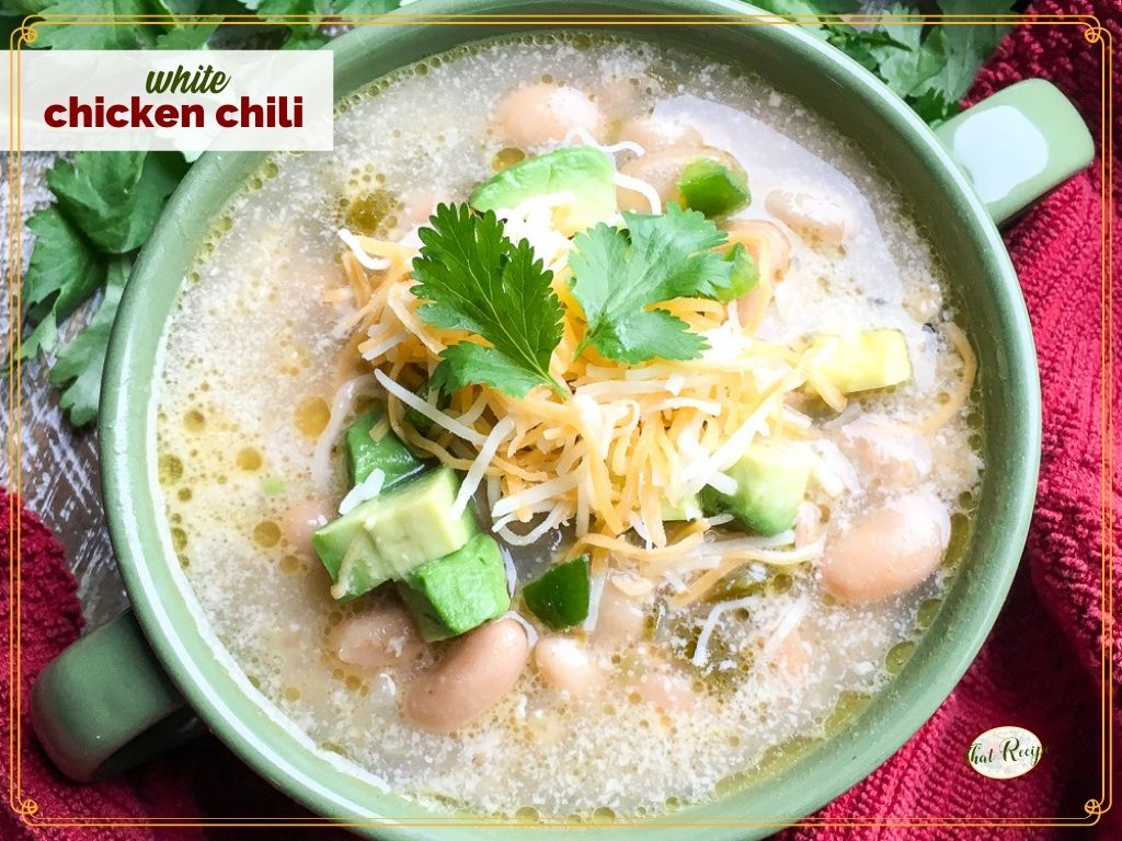 top down view of a bowl of white chicken chili