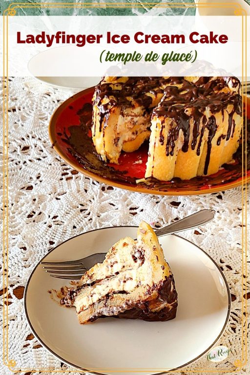 slice of ice cream cake on a plate with text overlay "ladyfinger ice cream cake"