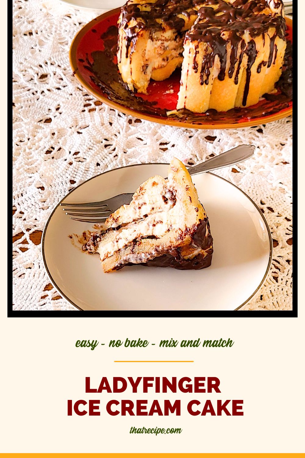 slice of ice cream cake on a plate with text overlay "ladyfinger ice cream cake"