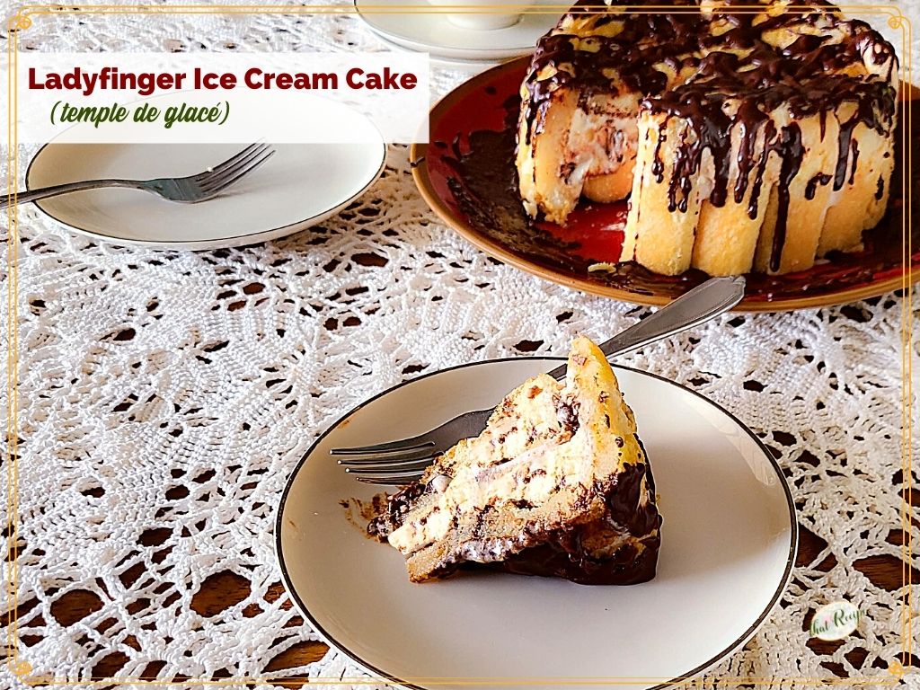 slice of ice cream cake on a plate with text overlay "ladyfinger ice cream cake"