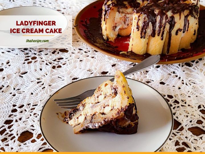 slice of ice cream cake on a plate with text overlay "ladyfinger ice cream cake"