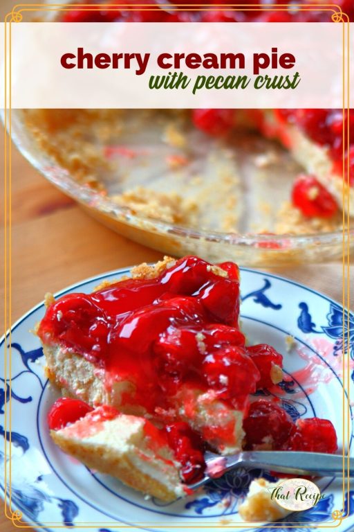 cherry cream pie with pecan crust on a plate