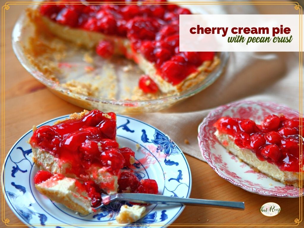 cherry cream pie with pecan crust on a plate