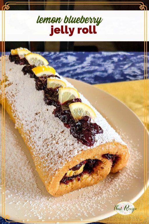 lemon blueberry jelly roll cake on a plate