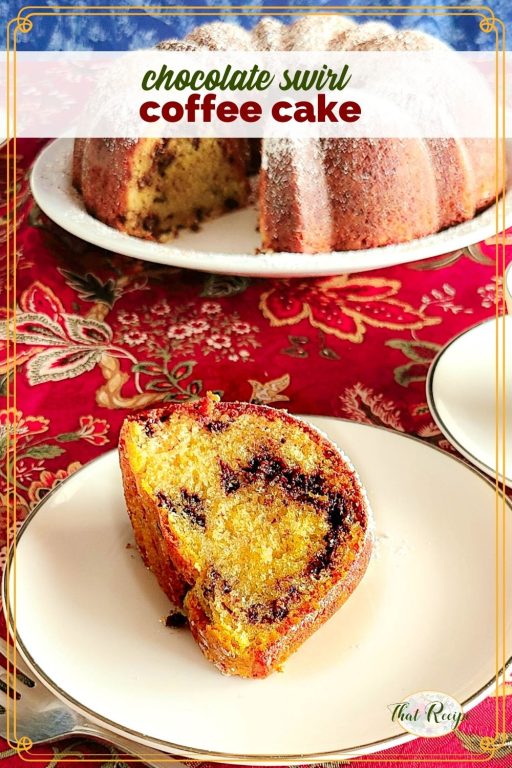 coffee cake on a plate with text overlay "chocolate swirl coffee cake"