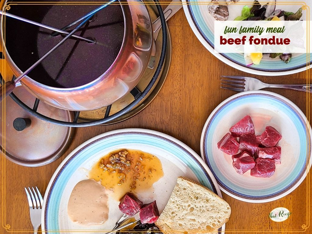 top down view of beef fondue meal