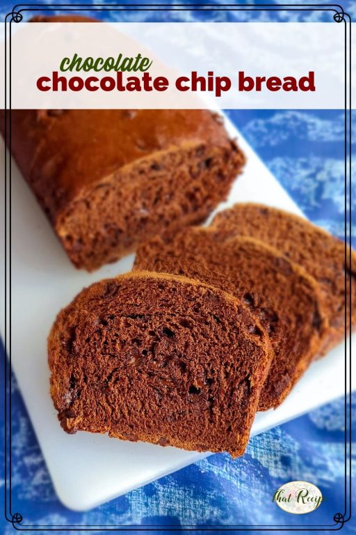 loaf of chocolate bread with chocolate chips with text overlay "chocolate chocolate chip bread"