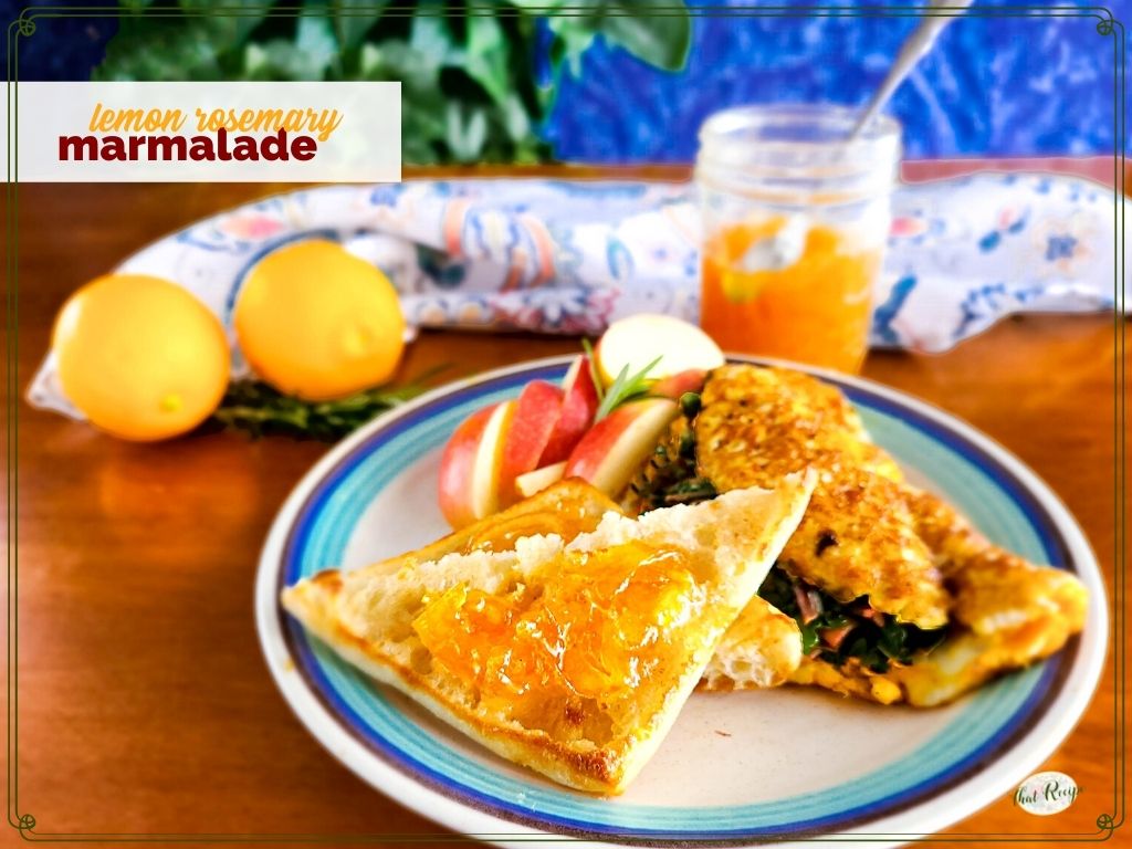 toast on a plate with an omelet and apples and text overlay "lemon rosemary marmalade"